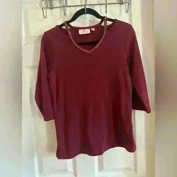 Quacker Factory Blouse XXS Burgundy Rhinestone Neckline Casual 100% Cotton - Picture 1 of 10